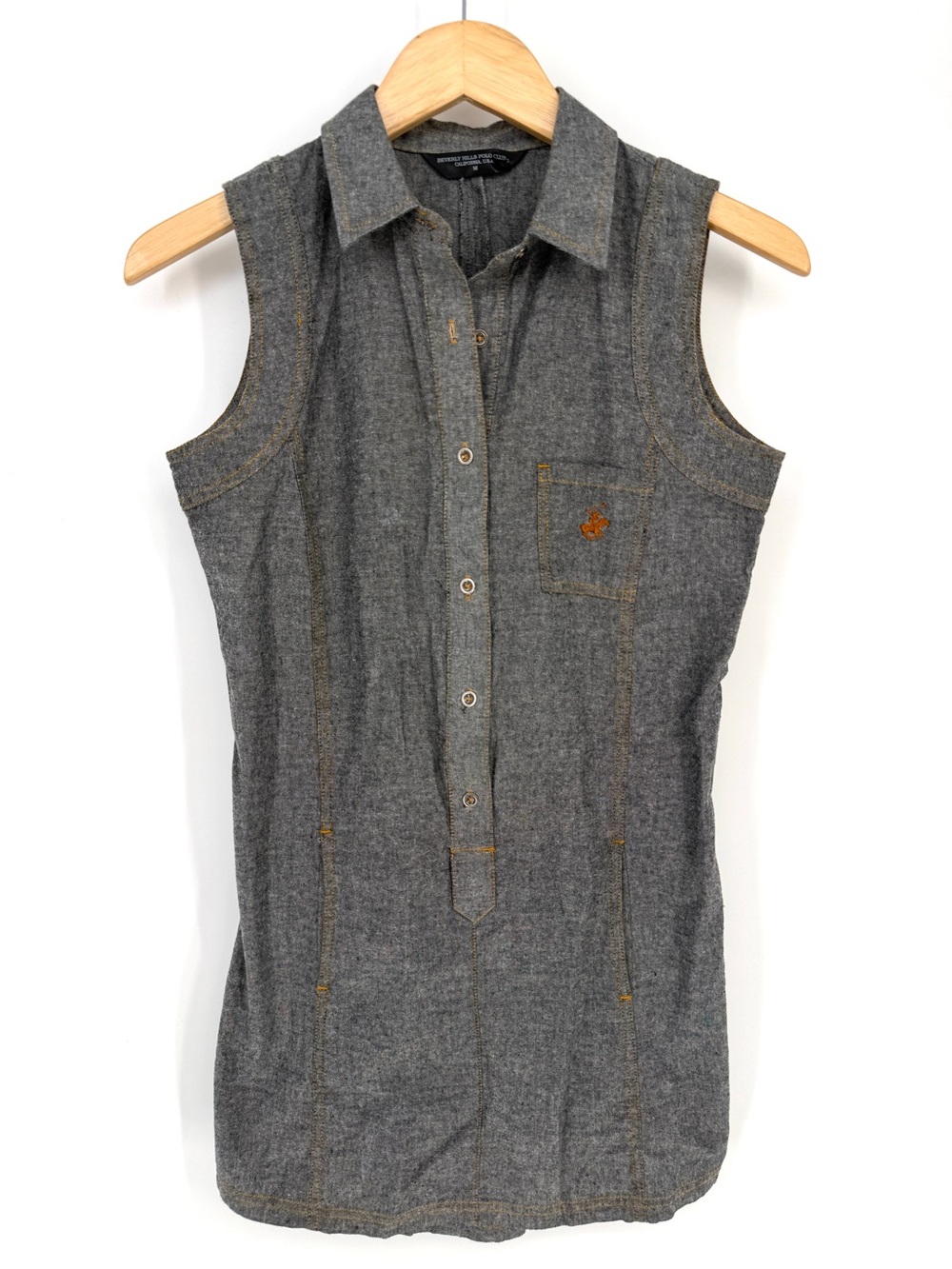 Beverly Hills Polo Club Gray Chambray Sleeveless Collared Women’s Shirt M Preppy